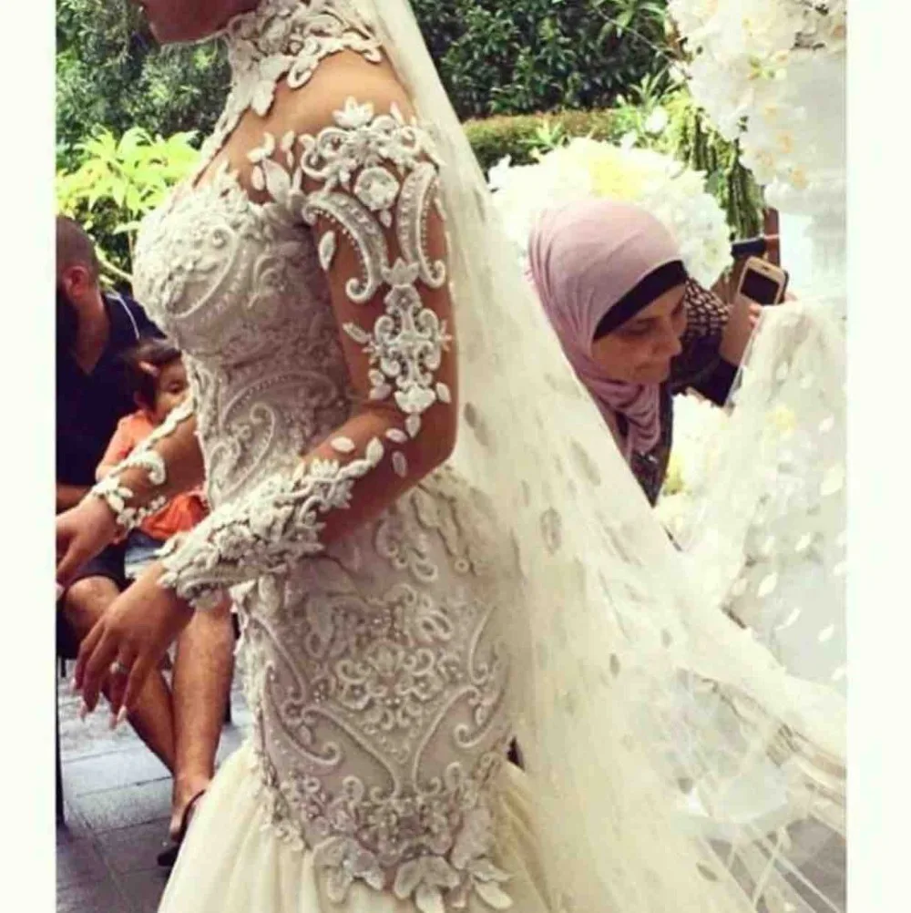 Свадебное платье русалки с длинными рукавами, с блестящими бусинами, кружевное свадебное платье с кристаллами, арабское иллюзионное сзади, Vestido De Noiva Casamento