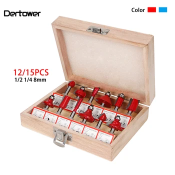 

12/15PCS Woodworking Milling Cutters 1/4''/2"/8mm Shank Carbide Router Bit Set For Wood Cutter Floor Engraving Cutting Tools Box
