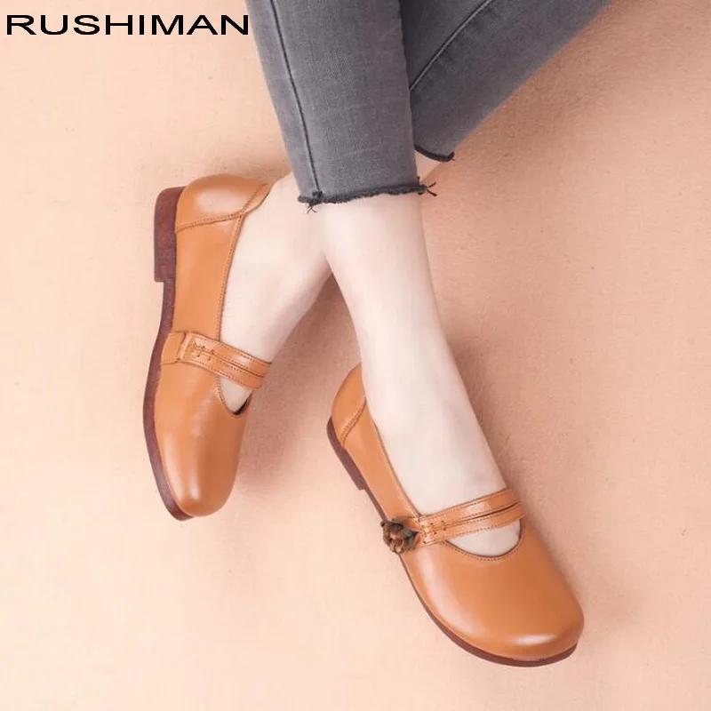 À Main Enceintes Rond Chaussures Femmes pu 2018 Fond Noir En Mary Véritable Automne Cuir Plates Rétro Ciel Appartements Bout La Mou Mère jaune Jane wfSqxzqP