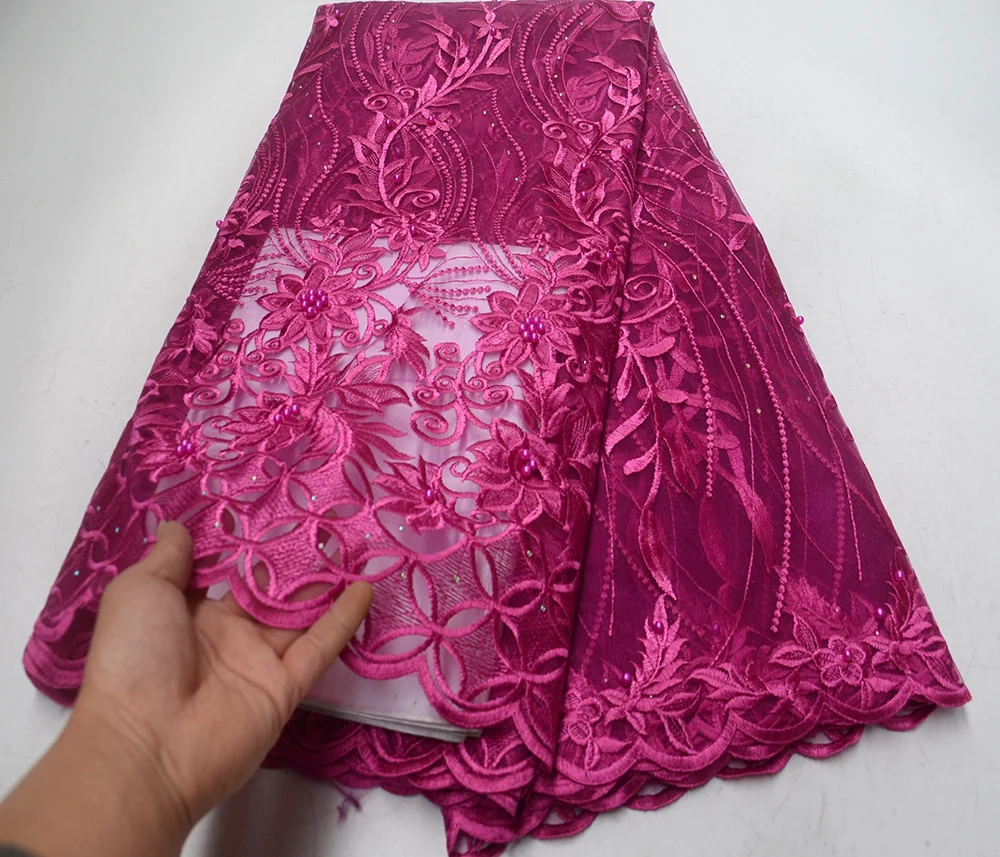 

Fuchsia Color African Net Lace Fabric 2019 High Quality Tulle Lace French Mesh With Beads Nigerian Swiss Lace Fabric For Dress