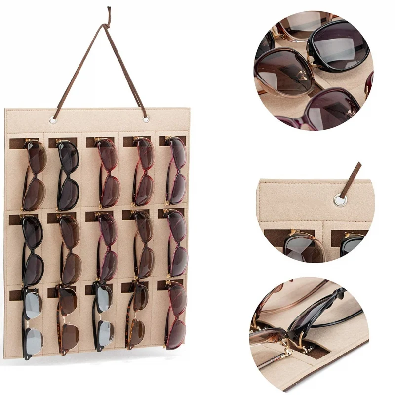 

Sunglasses Organizer Hanger Folding 15 Slots Felt Wall Mounted Display Stand Storage Pocket