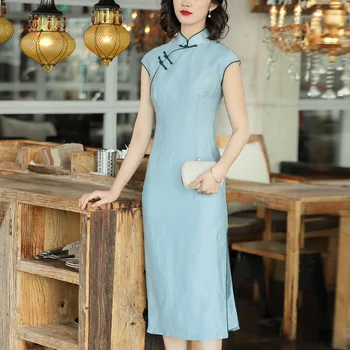 

Chinese Style Dress Short sleeve 2019 Women Summer Stand collar Retro Slim Split Elegant Pankou Improved Cheongsam Dresses S-XXL
