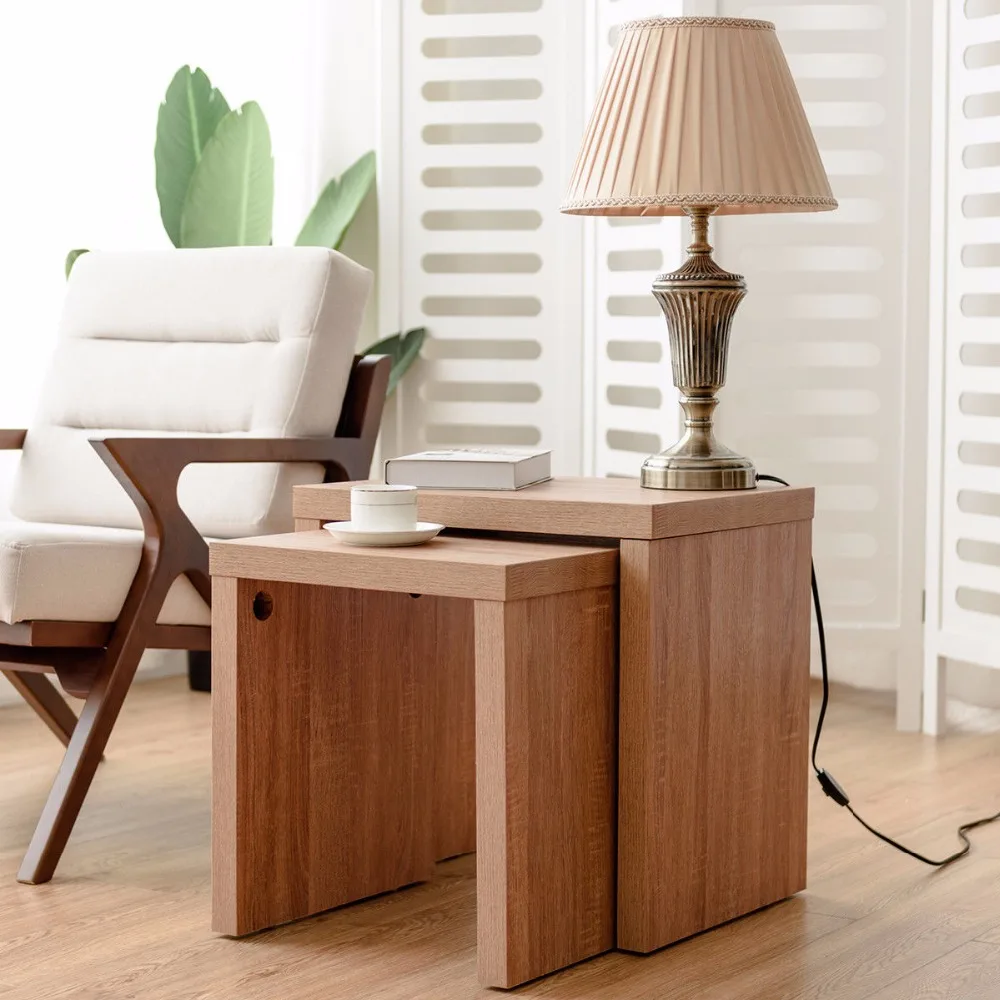 Giantex Set of 2 Nesting Coffee End Table Side Table Wood Color Living Room Furniture HW58203