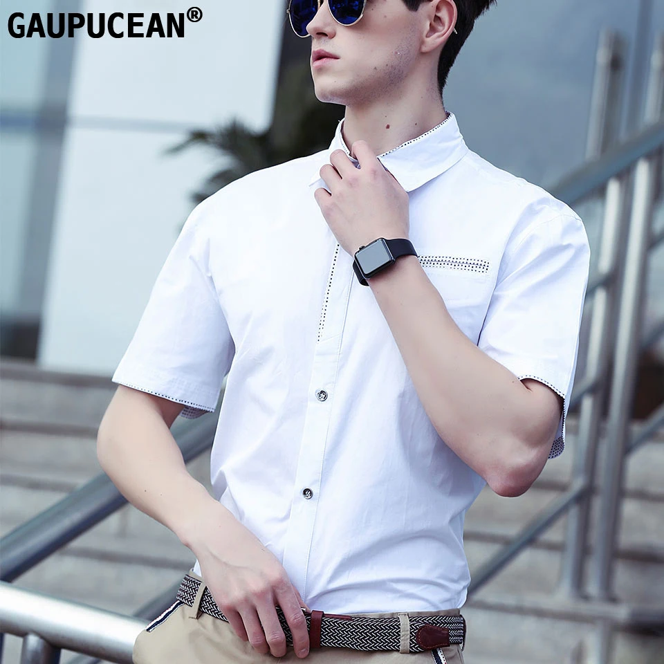 Gaupucean лето Человек Однобортный 100% хлопок мужской темно-Белый Серый Синий короткий рукав одноцветное Бизнес Формальные Для мужчин платье