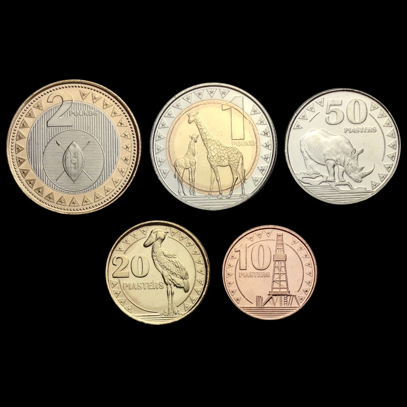 N2] South Sudan Set 5 Coins, 10 20 50 Piasters 1 2 Pounds, Africa UNC Uncirculated, Collection, Gift, Original Real Genuine Coin
