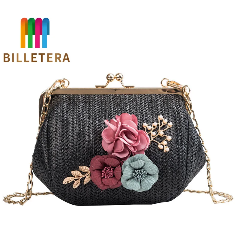 

BILLETERA Girl Straw Small bag Chain Mini Shoulder Bag Summer Style Princess Flower Messenger Purse Shell Bag Ladies Beach Bag