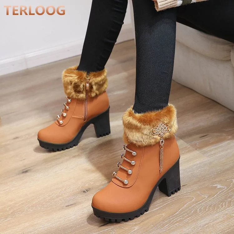 Зимние женские ботинки повседневные Зимние ботильоны без шнуровки однотонные теплые ботинки на высоком каблуке с молнией женская обувь zapatos mujer X704