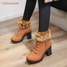 Зимние женские ботинки повседневные Зимние ботильоны без шнуровки однотонные теплые ботинки на высоком каблуке с молнией женская обувь zapatos mujer X704