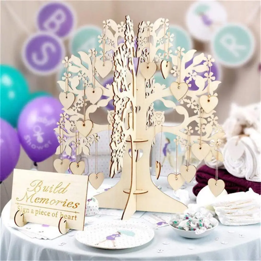 

3D Wedding Guest Book Tree Wedding Guest Signature Book Wooden Hearts Pendant Drop Ornaments for Wedding Party Decor Supplies