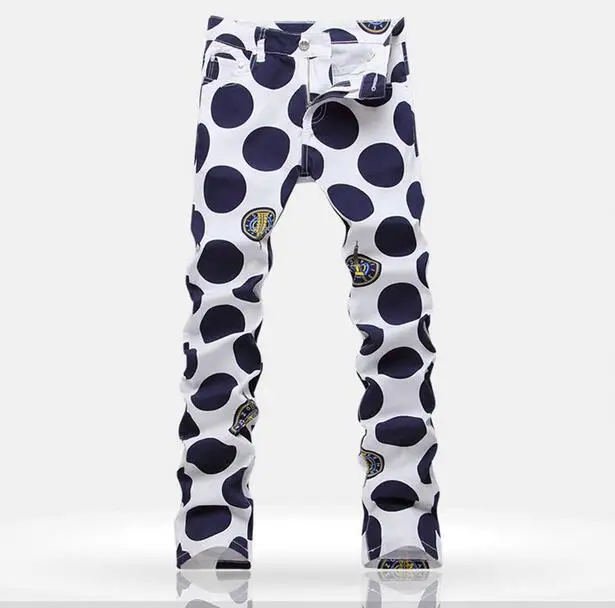 White spring thin European printing Dot straight jeans mens slim elastic denim pants male jeans feet