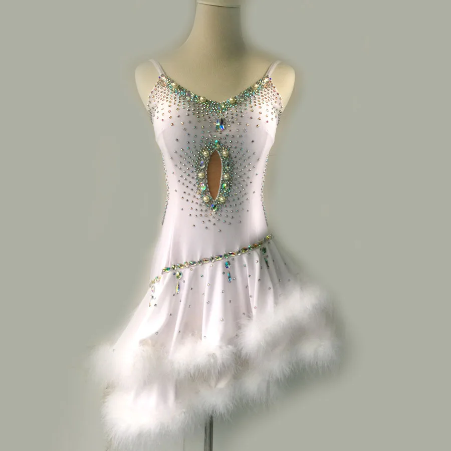 Стиль, костюм для латинских танцев, сексуальное платье для латинских танцев со стразами и перьями, женское платье для латинских танцев, платье для соревнований, S-4XL, F80 - Цвет: white