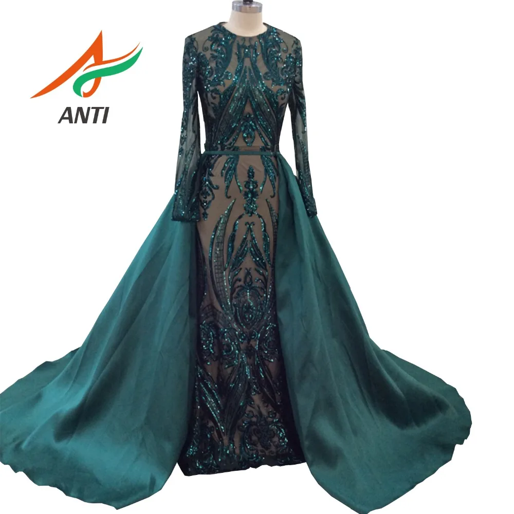 

ANTI Dark Green Vintage A-Line Fashion Evening Dresses 2019 New Sequined Appliques With Detachable Train Formal Gowns In Stock