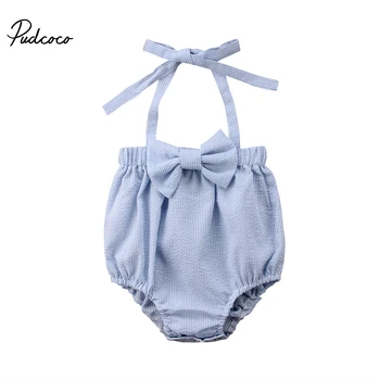 

Top Quality Newborn Baby Girl Bow Knot Bodysuit Blue Striped Cotton Strap Jumpsuit Clothes Halter Backless Summer Bodysuit New
