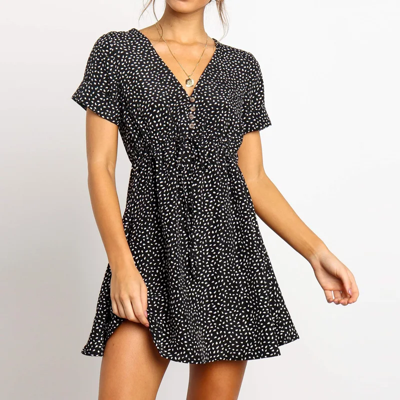 

Vintage Polka Dot print Casual Summer Women Dresses Boho Short Sleeve V-Neck Beach Sundress Sexy A-Line Mini Party Dress Vestido