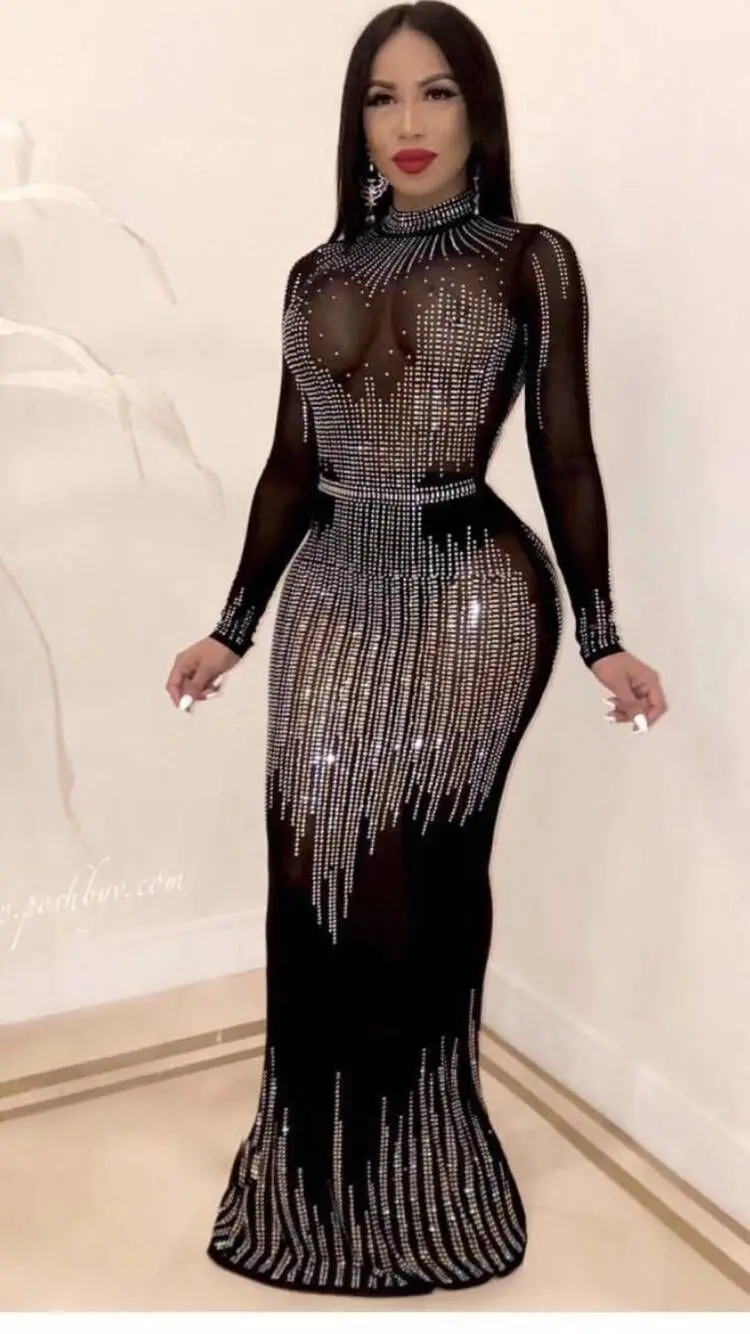

High Quality Black Long Sleeve Beading Hollow Out Bandage Trumpet Dress Cocktail Party Dress