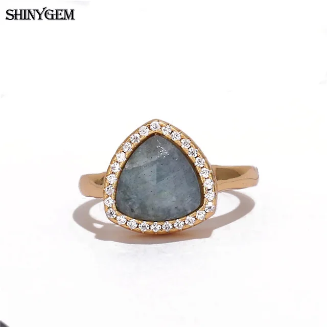 ShinyGem Natural Black Labradorite Stone Ring Big Labradorite Cabochon Fashion Love Ring Adjustable Gold Wedding Rings For Women
