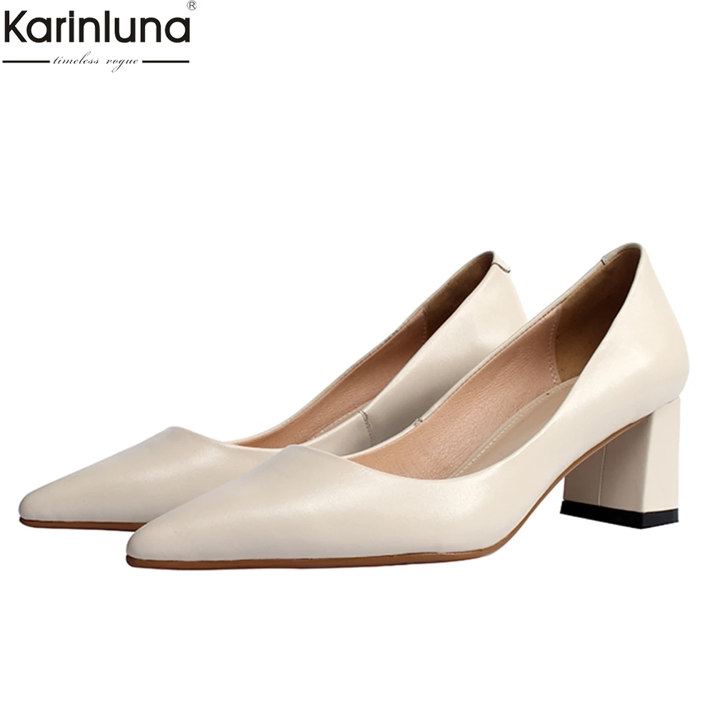 

Karinluna 2019 elegant top quality soft full genuine leather Woman Shoes chunky high Heels Party shoes woman pumps