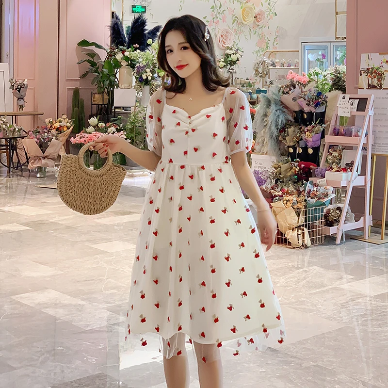 

6913# Sweet Gauze Embroidered Maternity Dresses Summer Korean Fashion Clothes for Pregnant Women Bodycon Elegant Pregnancy Wear