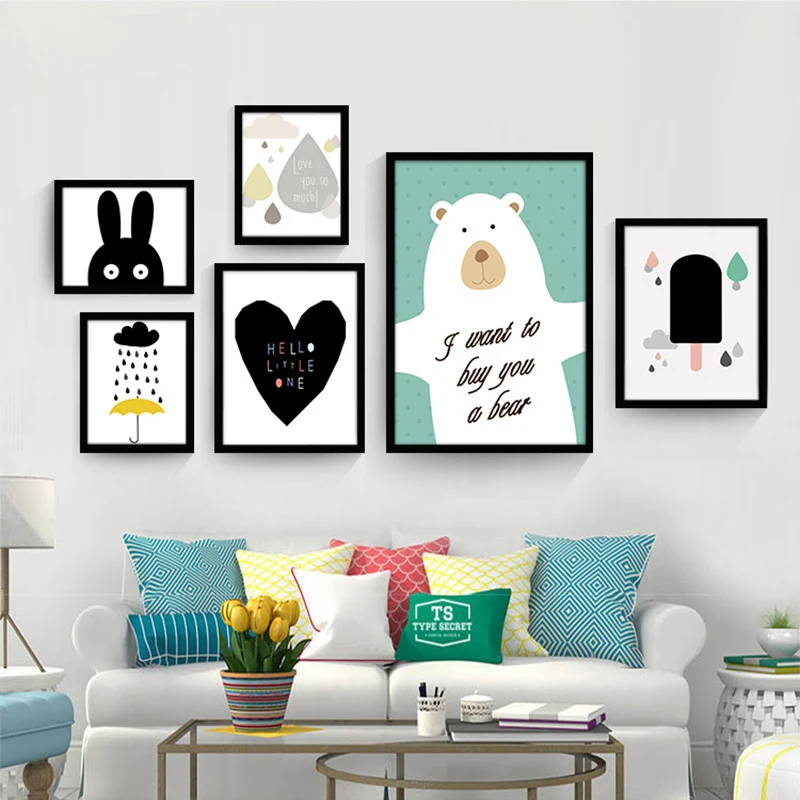 

Canvas Cartoon Bear Rabbit Umbrella Nordic Wall Paper Painting No Frame Mural Poster Art Drawing Cute Ornament for Bedroom Study