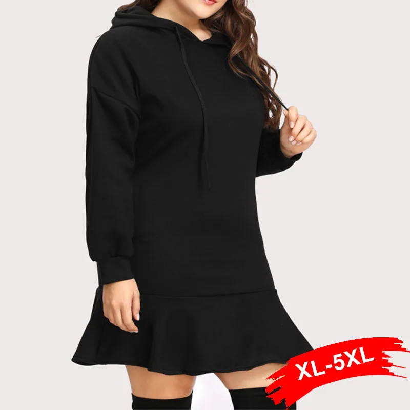 

Plus Size 5Xl 4Xl Autumn Winter Women Hoodies Slim Thick Velvet Sweatshirt Dress Pullover Long Hoodie Ruffles Shift Dress