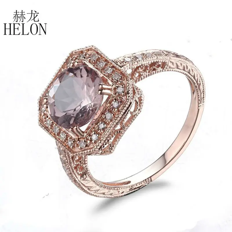 

HELON 8mm Round 1.63ct Morganite Ring 10K Rose Gold 0.2ct Diamond Engagement Ring Wedding Women Gift Party Romantic Fine Jewelry