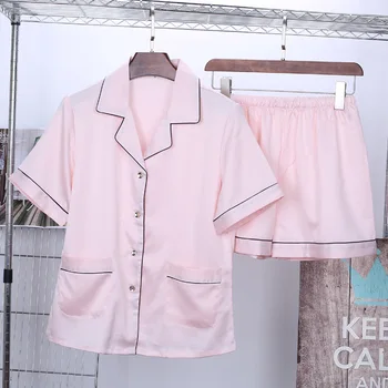 

Women Pajama Pants Summer Satin Pijama Short Sleeve Silk Pajamas Sets Pyjamas Women Sleep Shirt Shorts Set White Black Pink Blue