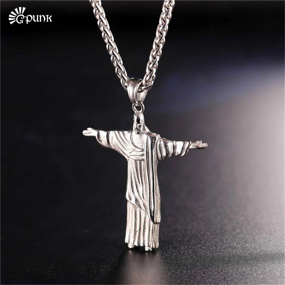 

2017 New Christ Redeemer necklaces for men Stainless Steel Gold color black Brazil Rio De Janeiro Statue of Jesus pendant P2425
