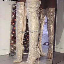 Очаровательный блестящая женская обувь с острым носком стразы сапоги выше колена; обувь на тонком каблуке красные, черные с украшением в виде кристаллов тонкие длинные, с высоким каблуком, вечерняя Обувь