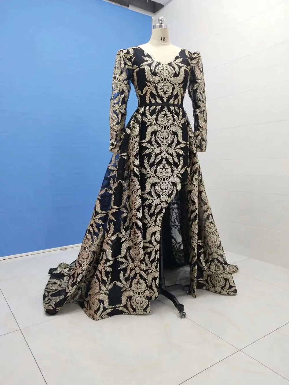 V neck glitter black gold plus size prom dress