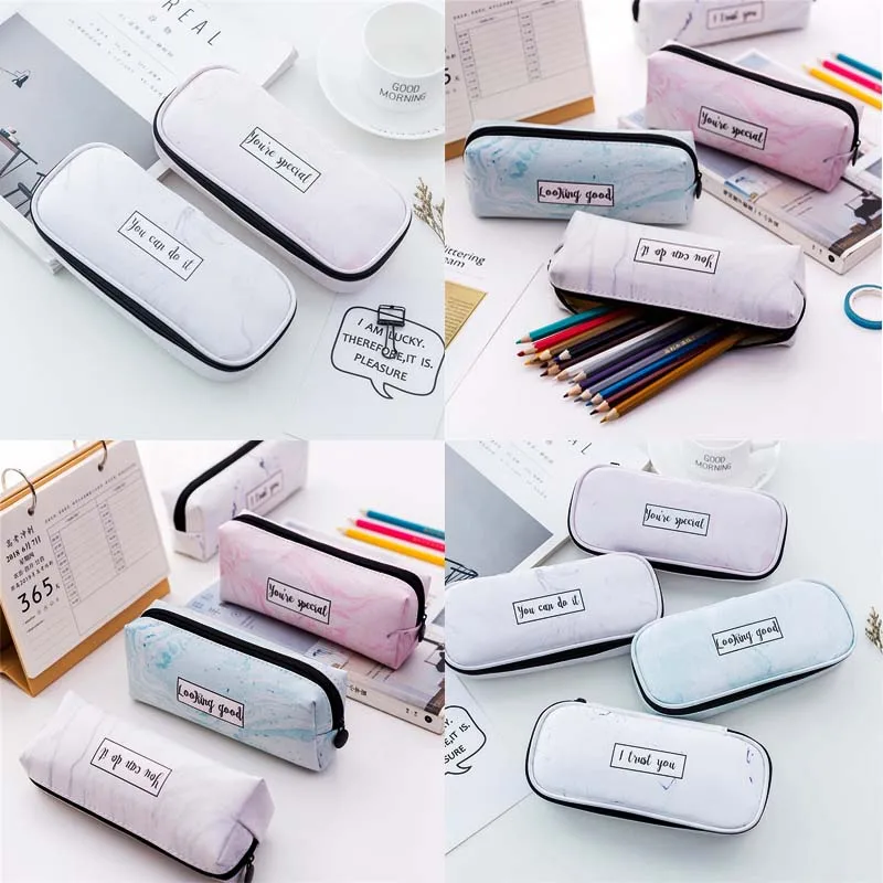 

Hot Sale Creative Marble Pattern Zipper Pencil Case Large Capacity PU Leather Pencil Bag Box Waterproof Stationery Pouch Bag