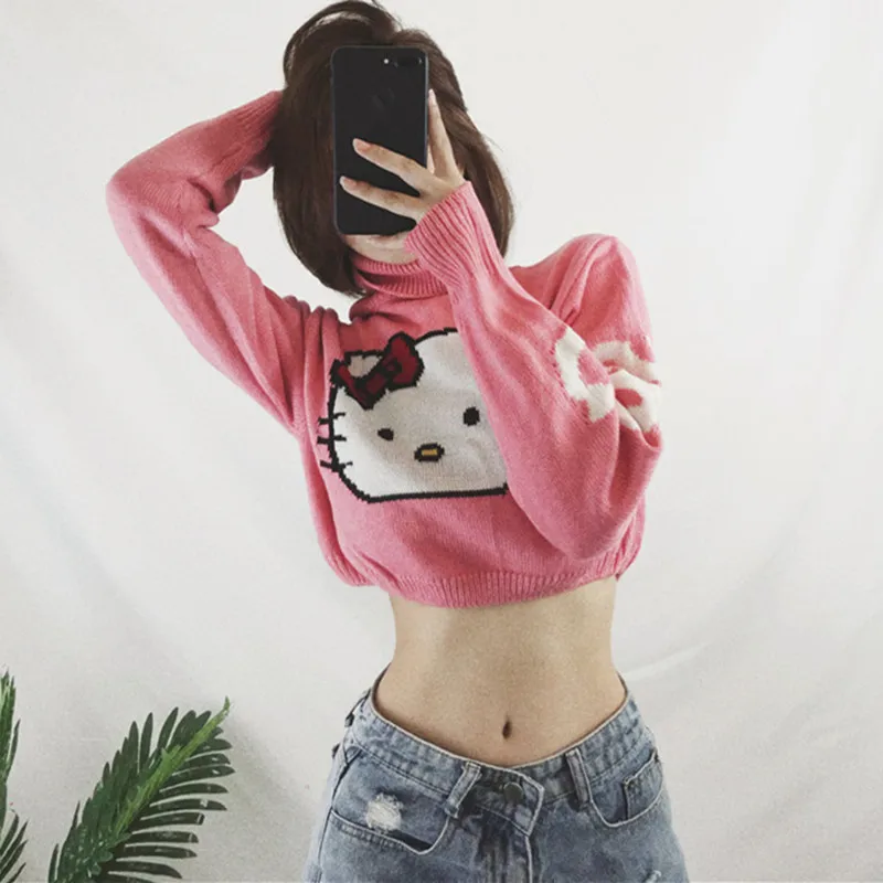 Cute Hello Kitty Cartoon Pattern Cropped Sweater Women European American Style Streetwear Knitted Crop Tops Turtleneck Sweaters