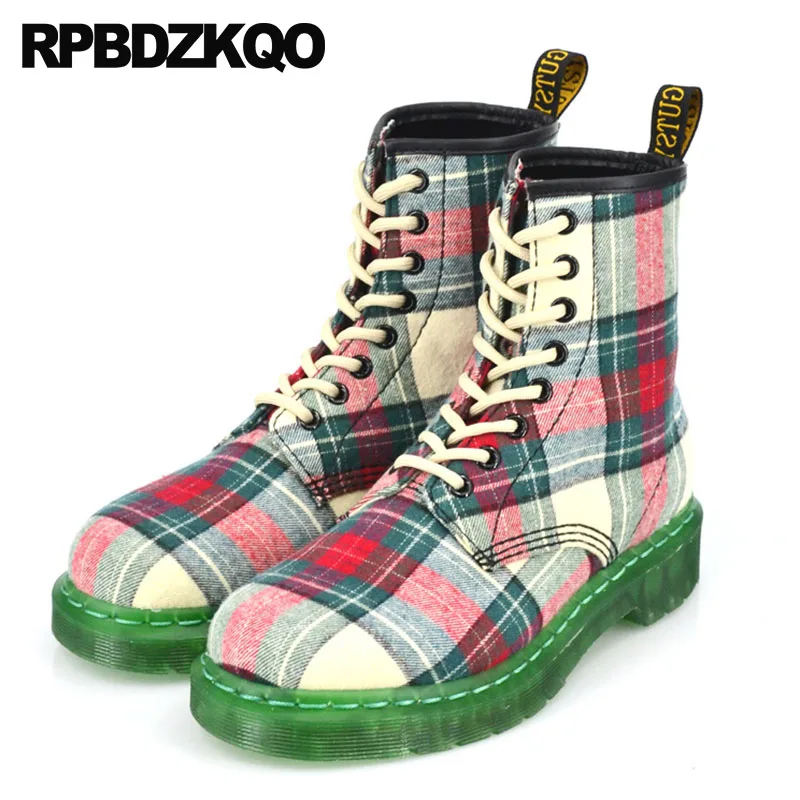 

Canvas Military Combat Chunky Plaid Ladies Green Lace Up Boots Mid Calf Fall Round Toe Block Designer Shoes Women Luxury 2018
