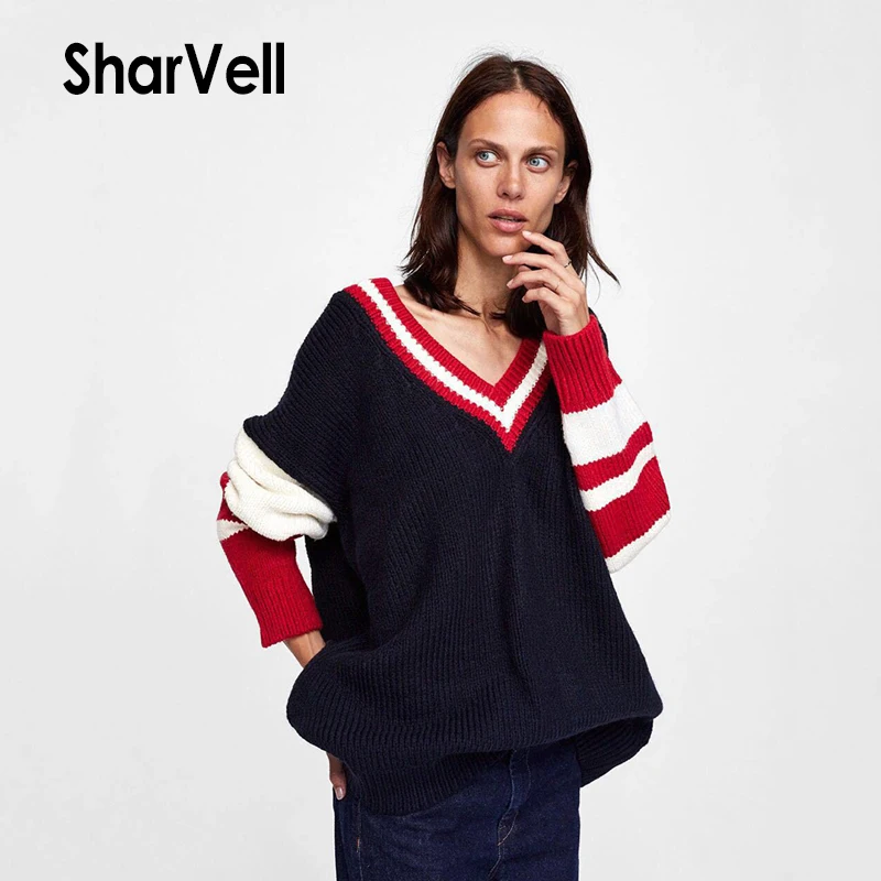 

Sharvell Women Casual Sweater Knitted Long Sleeve Top Loose V-Neck No threshold Pullovers Fashion Striped False Collar Sweater