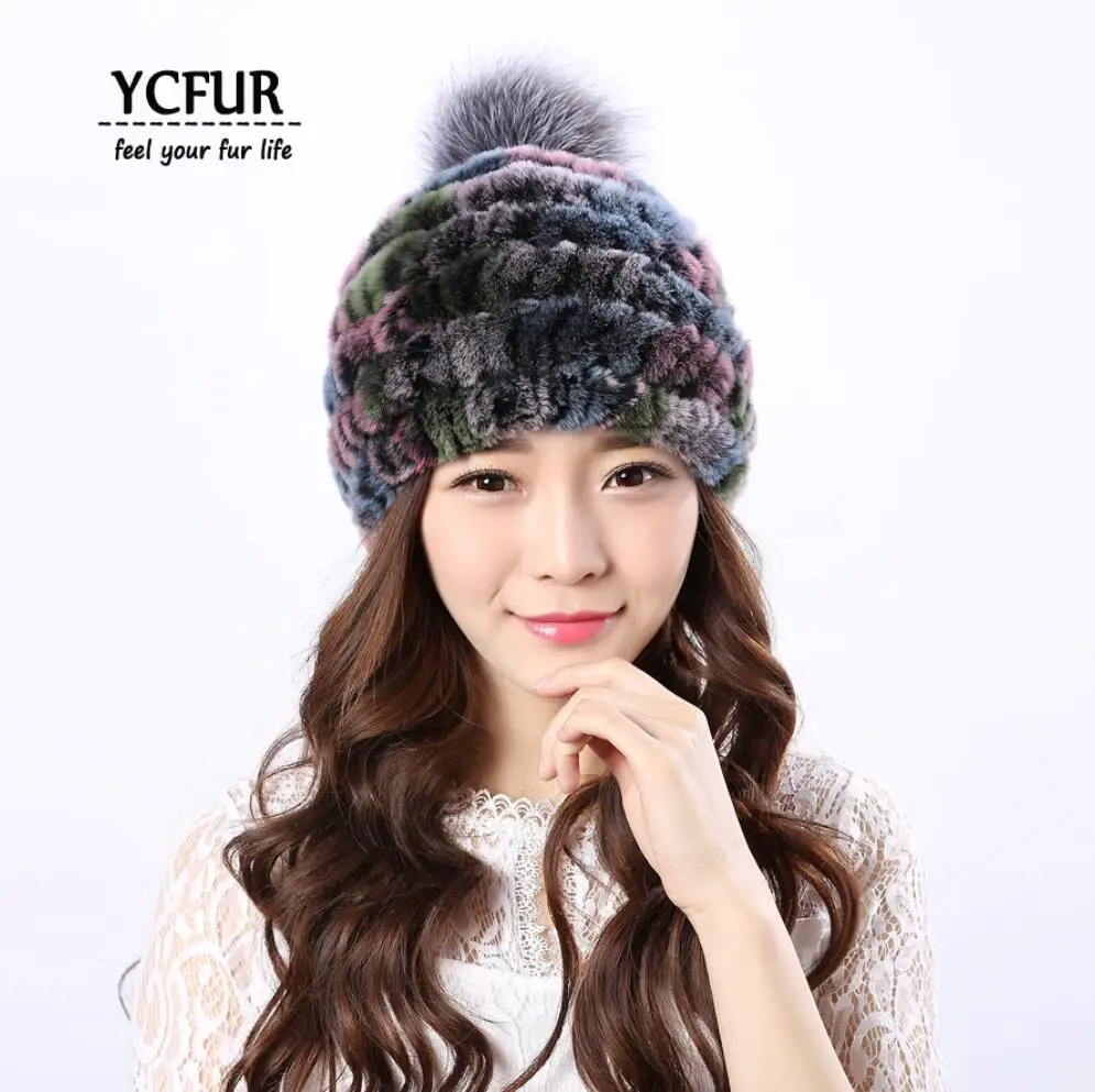 YC Fur Модные женские зимние шапки мягкие теплые вязаные шапки из меха кролика рекс с серебристой лисой меховой помпон шапка бини Женская - Цвет: multicolor 1