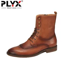

PHLIY XUAN New 2018 Fahsion Retro Winter Men Boot Genuine Leather Motorcycle Boots Pointed Toe High Cowhide Boot Mid-Calf