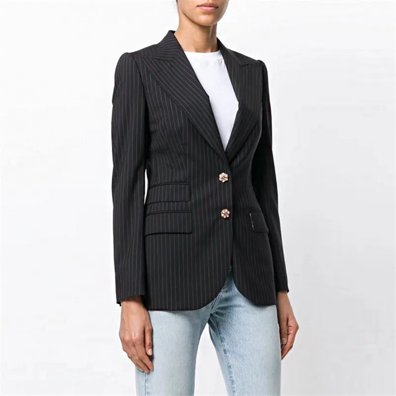 

Luxury Designer Brand Women Striped Black Jacket Rose Print Silk Lining Long Sleeve Blazer gem Button Designer Elegant Blazer