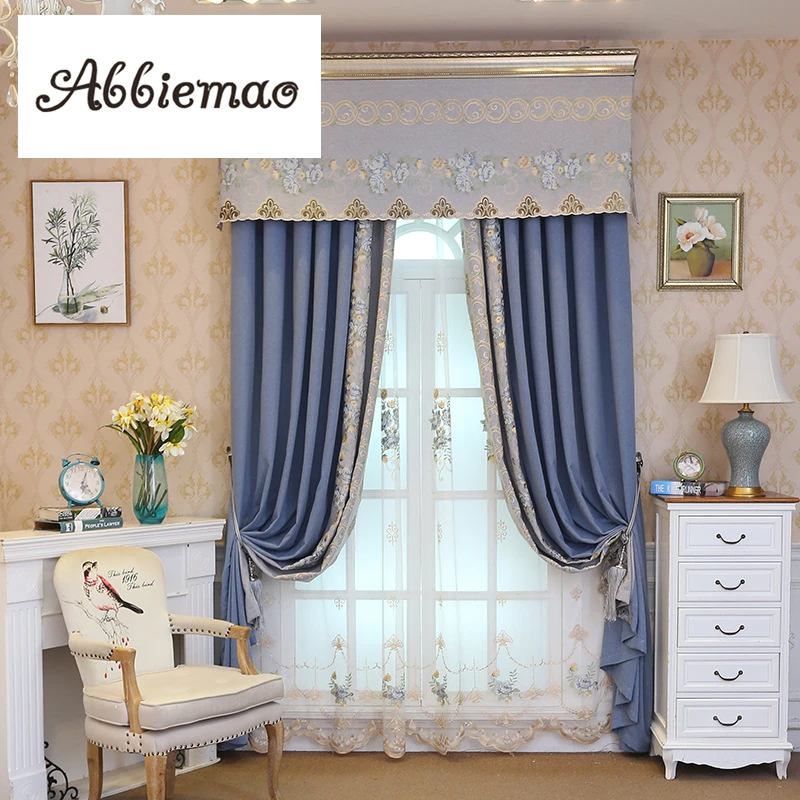 Abbiemao простой европейский стиль синий серый Сращивание занавес Цветочные вышитые занавес и тюль для гостиной спальни высокий оттенок