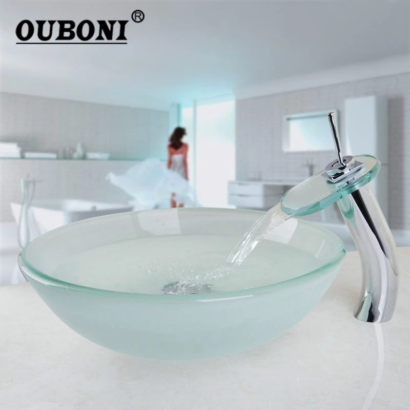 

OUBONI Tall Waterfall Bathroom Wash Basin Tap Sink Washbasin Glass Hand-Painted Lavatory Sink Combine Set Torneira Mixer Faucet