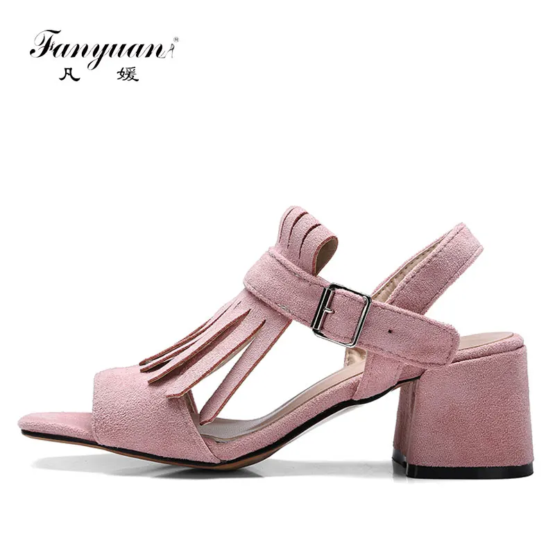 

Fanyuan High Heels Sandals Women Shoes Elegant Fringe Ladies Summer Sandals Chunky Heels Summer Shoes Women Pink Black Heels