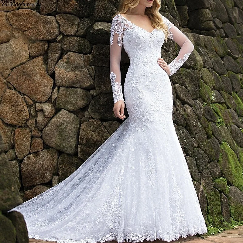 

Vestido de noiva V-Neck Mermaid Lace Wedding Dress Long Sleeves Bride Dress with Train 2019 Trouwjurk