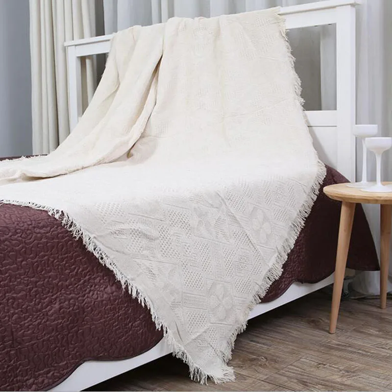 100 Cotton Geometric Knitted Sofa Towel Blanket White Cover Blankets