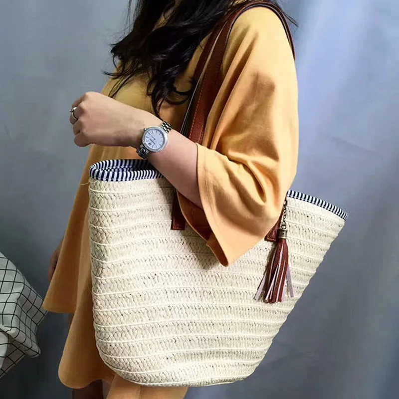 Women Summer Handbag INS Popular Female Beach Straw Bags Tassel Large Lady Shoulder Bag Travel Shopping Tote Basket SS0404 (20)