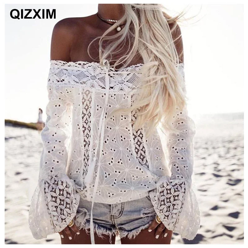 

Women Summer Chiffon T-Shirts Casual Sexy Slash Neck T-Shirt Lady Bow Tie strapless lace long-sleeved tassel stitching top