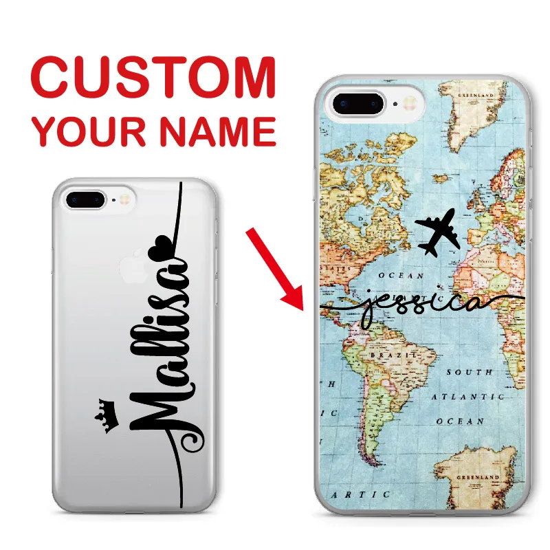 

Personalized Custom Name World Map Crown Heart Soft Clear Phone Case For iPhone 6 6S XS Max 7 7Plus 8 8Plus 5 X SAMSUNG S7 S8 S9