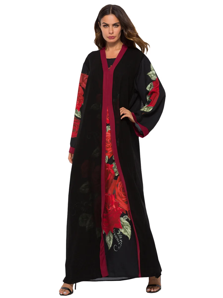 

Elegant Muslim Abaya Print Floral Cardigan Fake 2pcsDress Kimono Long Robe Gowns Jubah Middle East Arab Ramadan Islamic Clothing