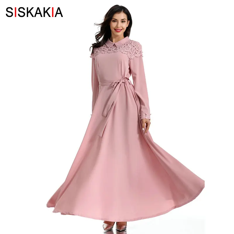 

Siskakia Party Long Dress Formal Sweet Ladies Peter Pan Collar Long Sleeve Maxi Dresses Quality Lace Patchwork Beading Design