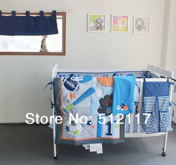 

New 7pcs Embroidered Base Ball Sports Boy Baby Cot Crib Bedding Set 5 items includes Quilt Bumper Fitted Sheet Nappy bag Blanket