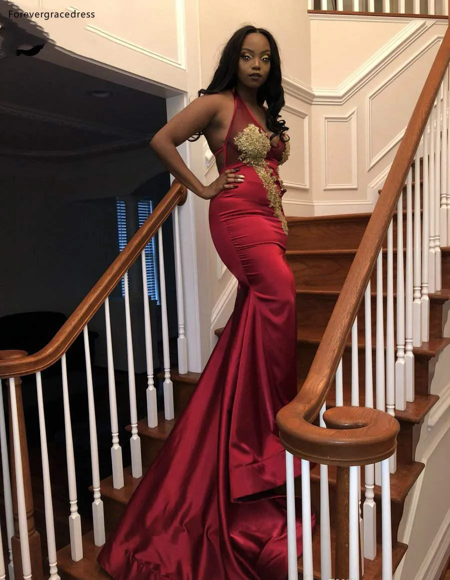 Dark Red With Gold Appliques Mermaid Prom Dresses For Black Girls Junior Graduation Evening Gowns Split V Neck Backless Women Vestidos 132 (8)