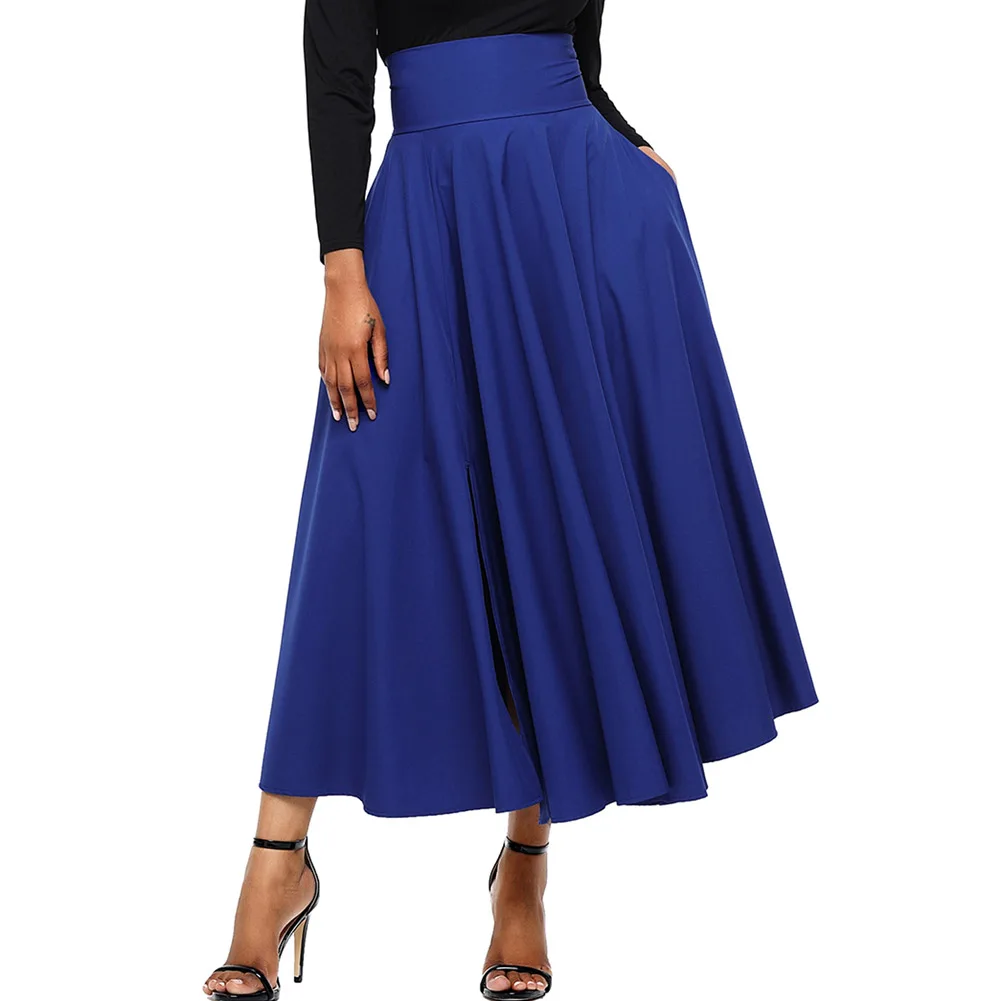 

2019 New Fashion Women Party Skirs Retro High Waist Pleated Belted Maxi Skirt Long Skirt Saias Femininas Blue Red Black Pink