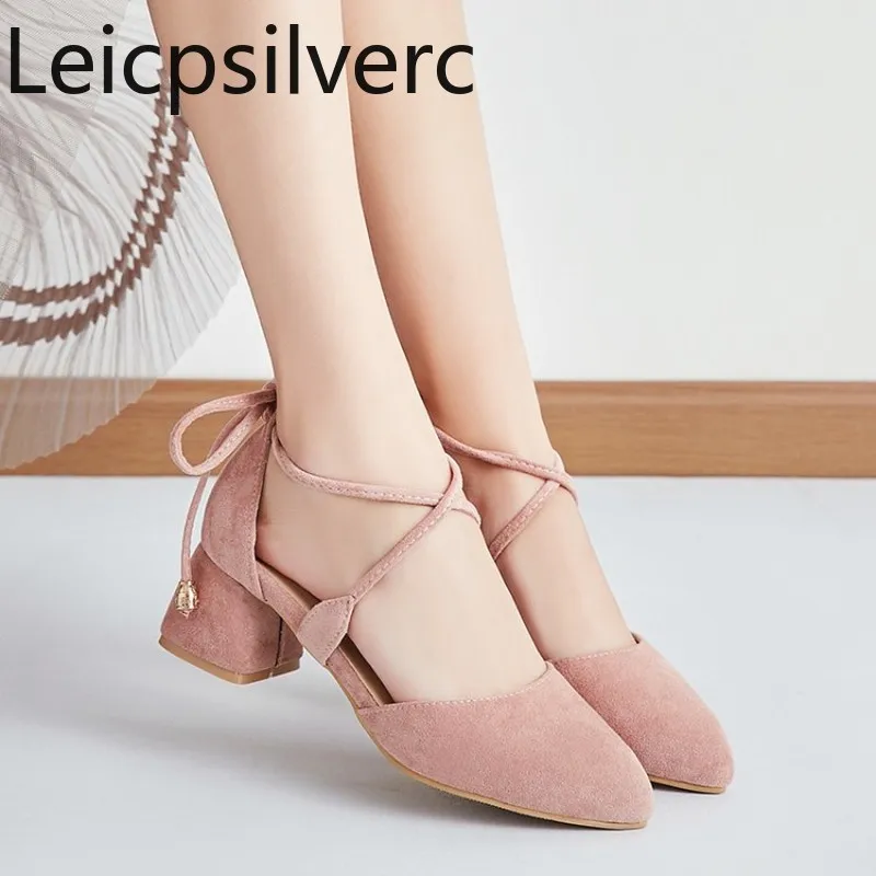 

Pumps Spring and autumn new style Fashion Flock Pointed Shallow mouth Lace-up Thick heel mid heel Women's shoe plus size 30-43